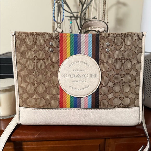 Coach Handbags - Coach Brown and White Tote with Rainbow Stripe